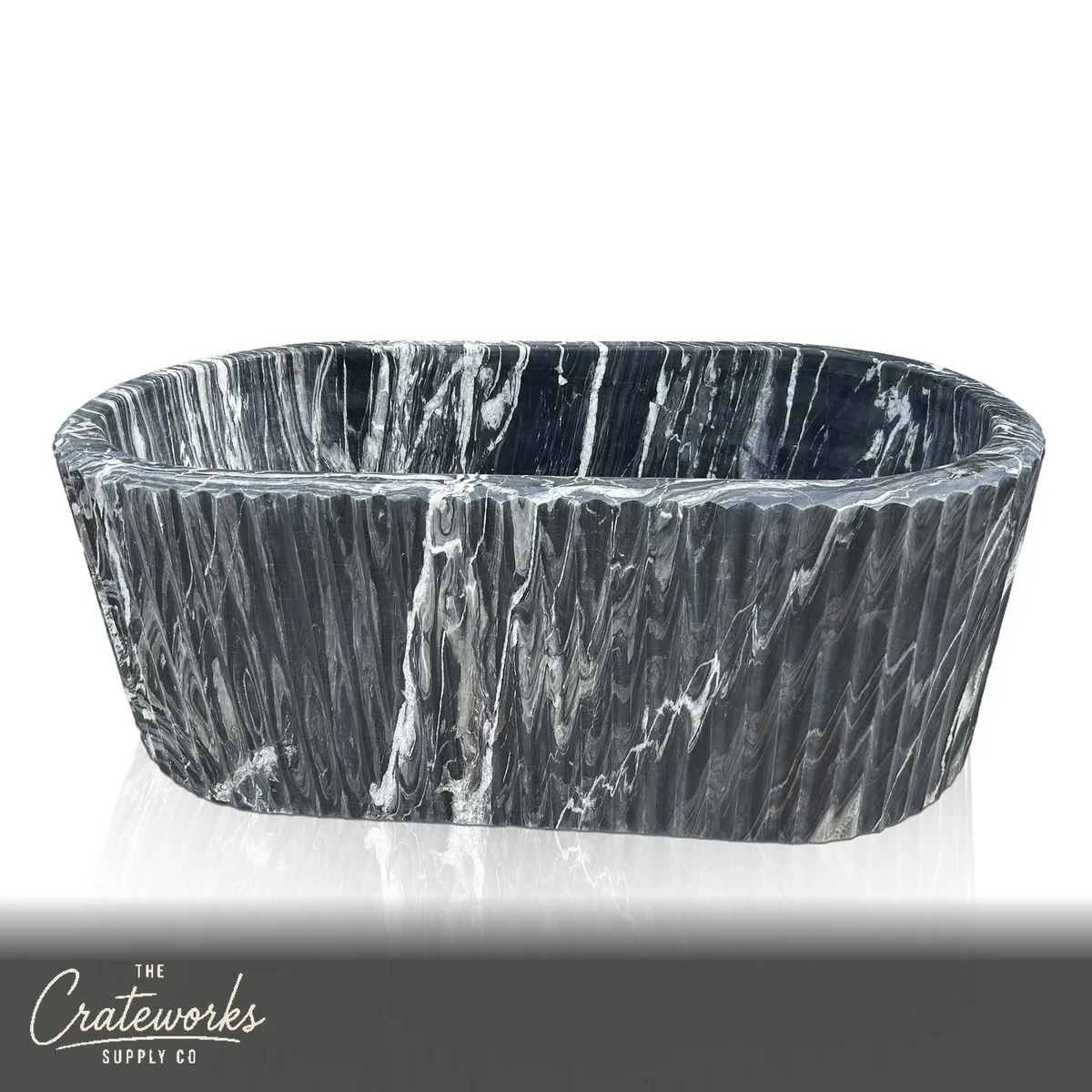Black Marble Bathtub — Arabescato Orobico Grigio Fluted Oval 70.87" Long