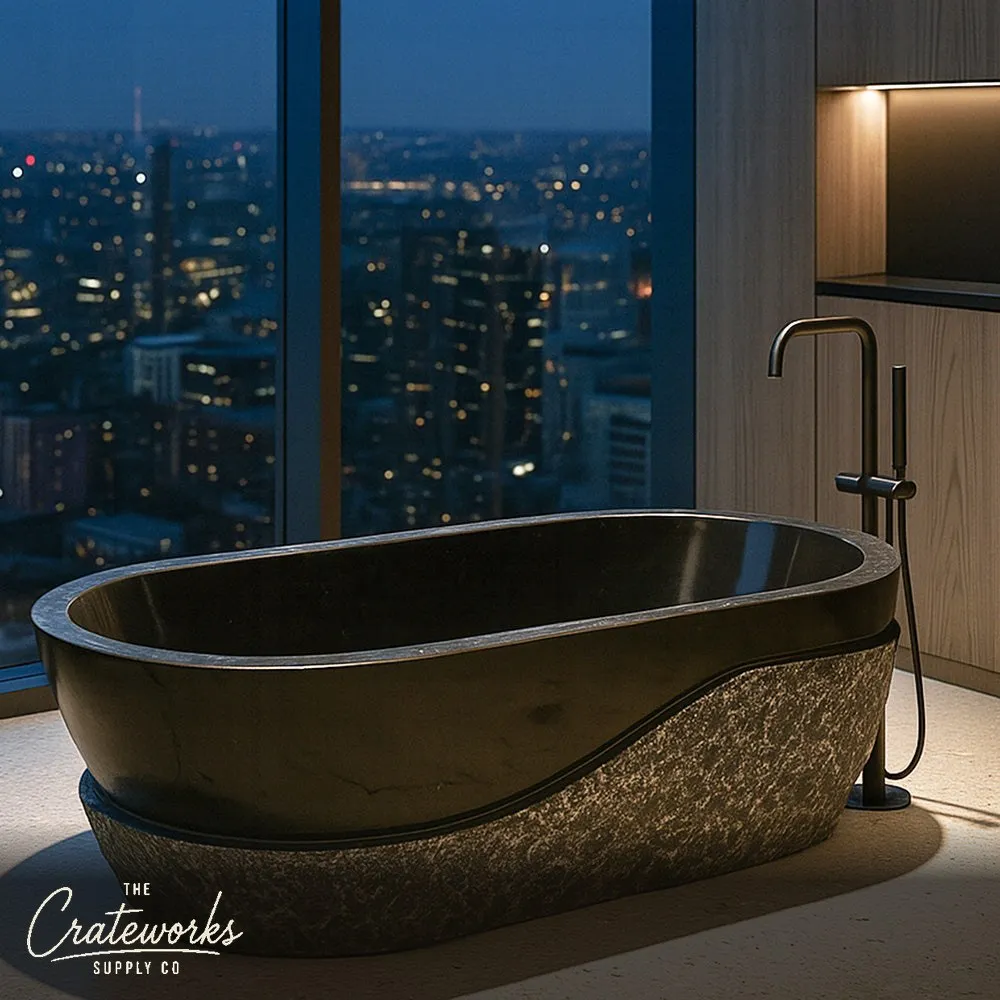 Black Limestone Tub, Half Chiseled, Half Polished