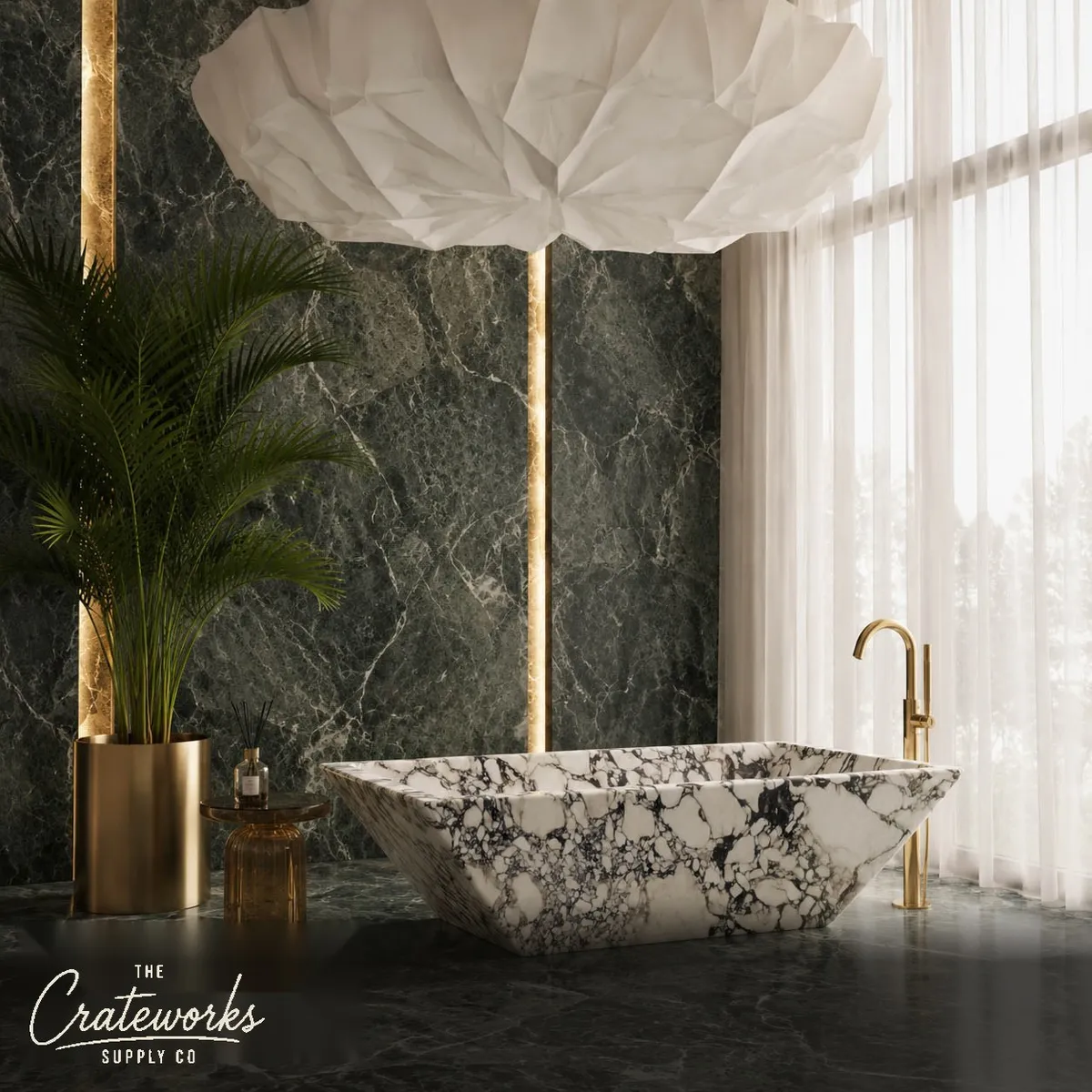 Freestanding marble tub in Calacatta Monet