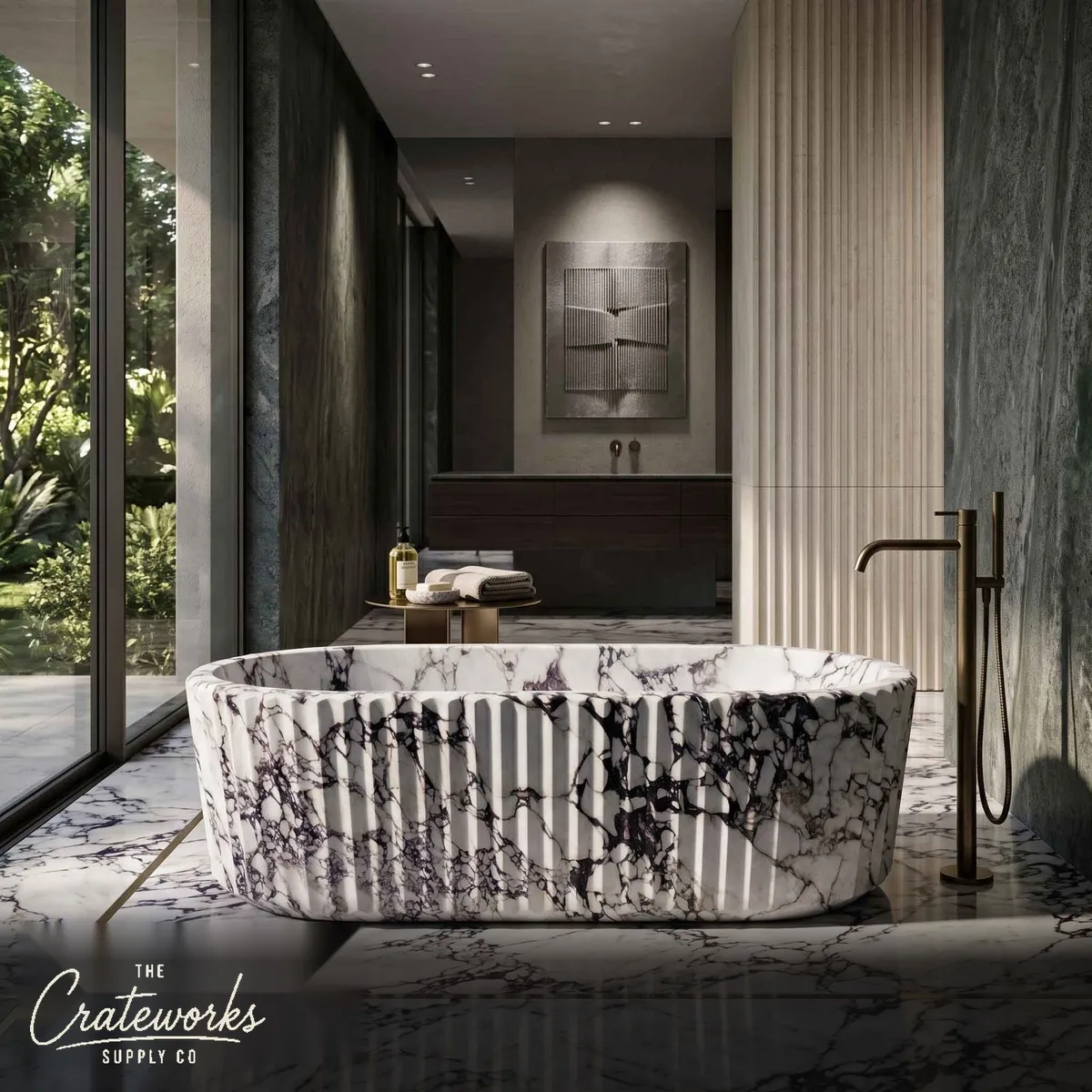 Natural stone bath in Fluted Calacatta Monet Marble