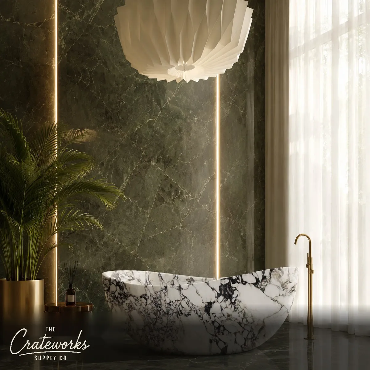 Stone bathtub carved from a single block of Calacatta Monet