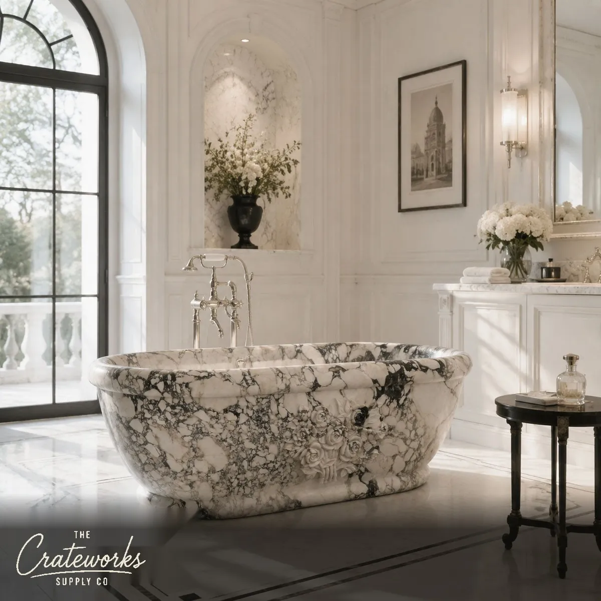 Stone bathtub in Calacatta Monet with Rose Carving