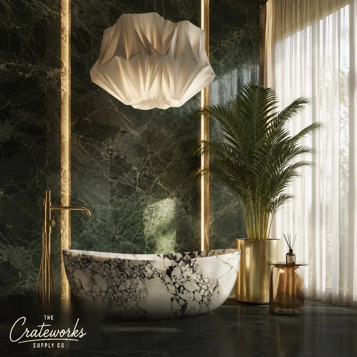 Stone freestanding tub in Calacatta Monet