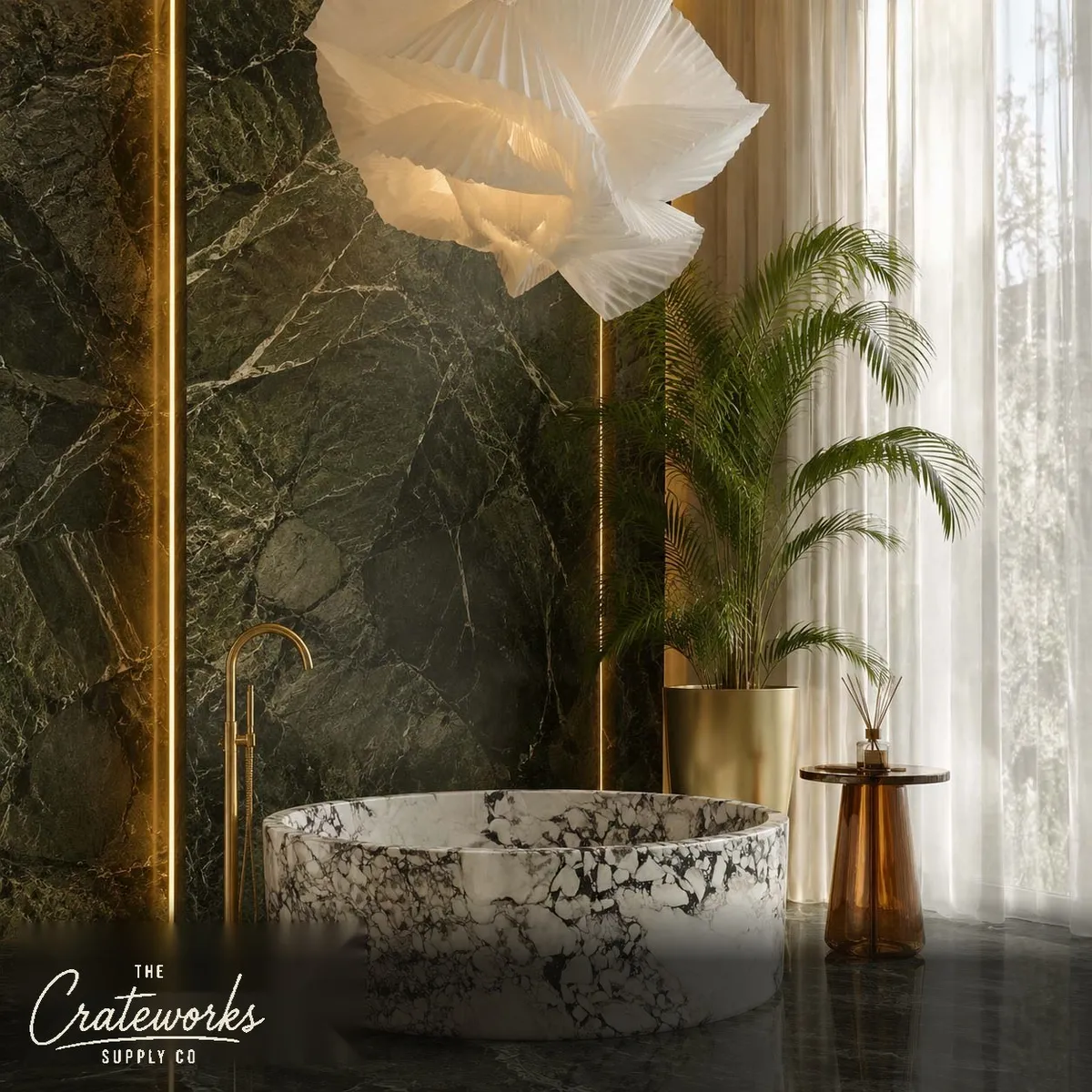White marble bathtub with Sculptural Calacatta Monet Veining