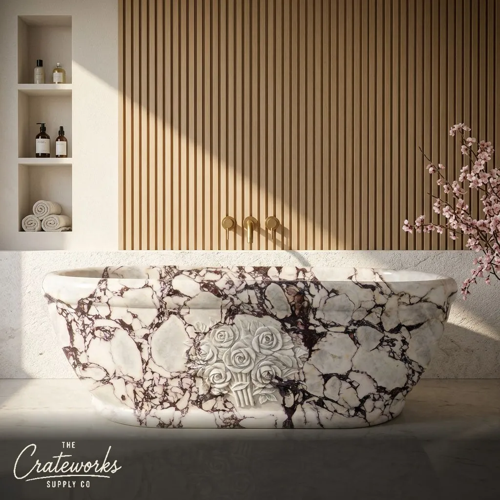 Calacatta Viola Marble Bathtub with Hand-Carved Rose Bouquet