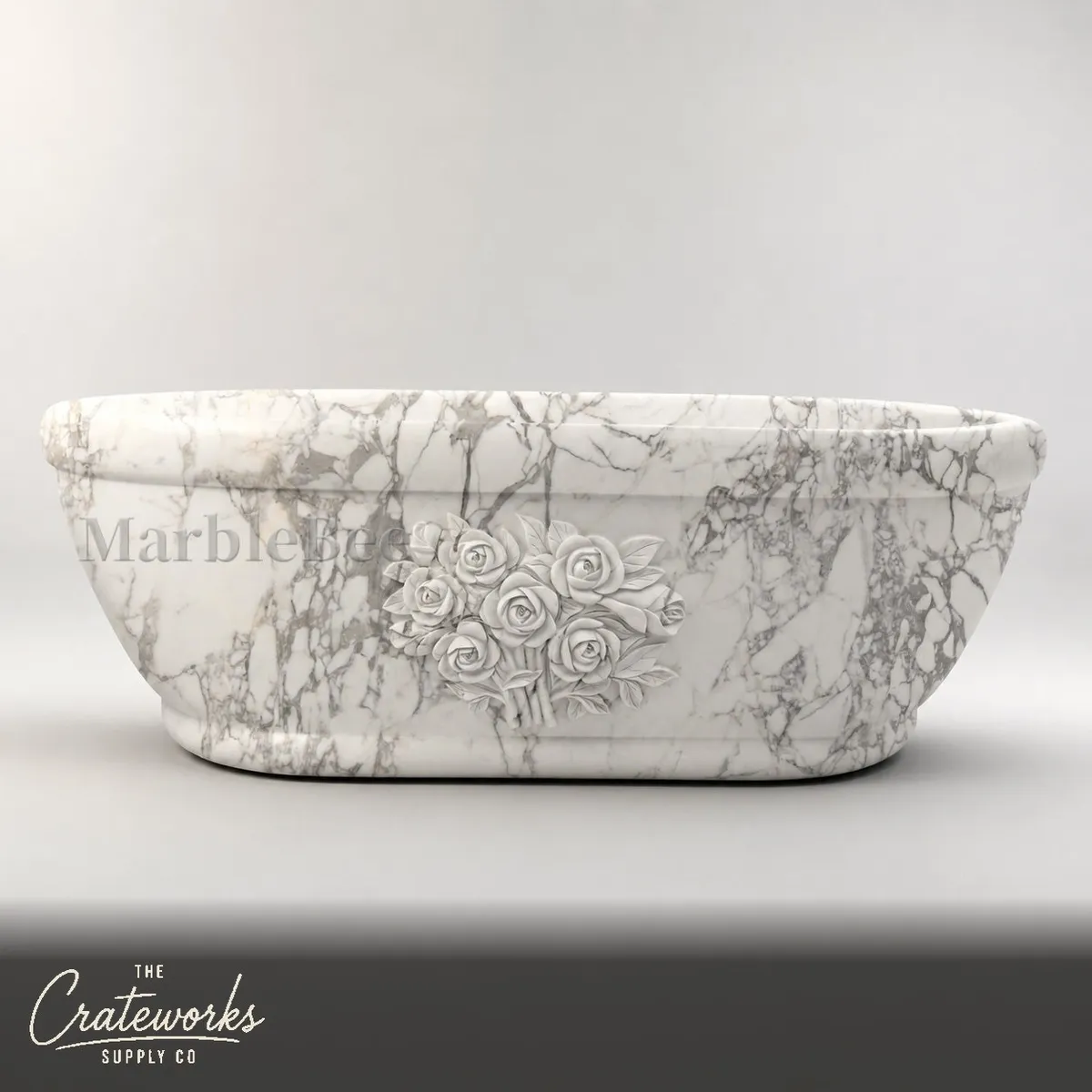 Calacatta Bathtub with Hand-Carved Rose Detailing, detail 1