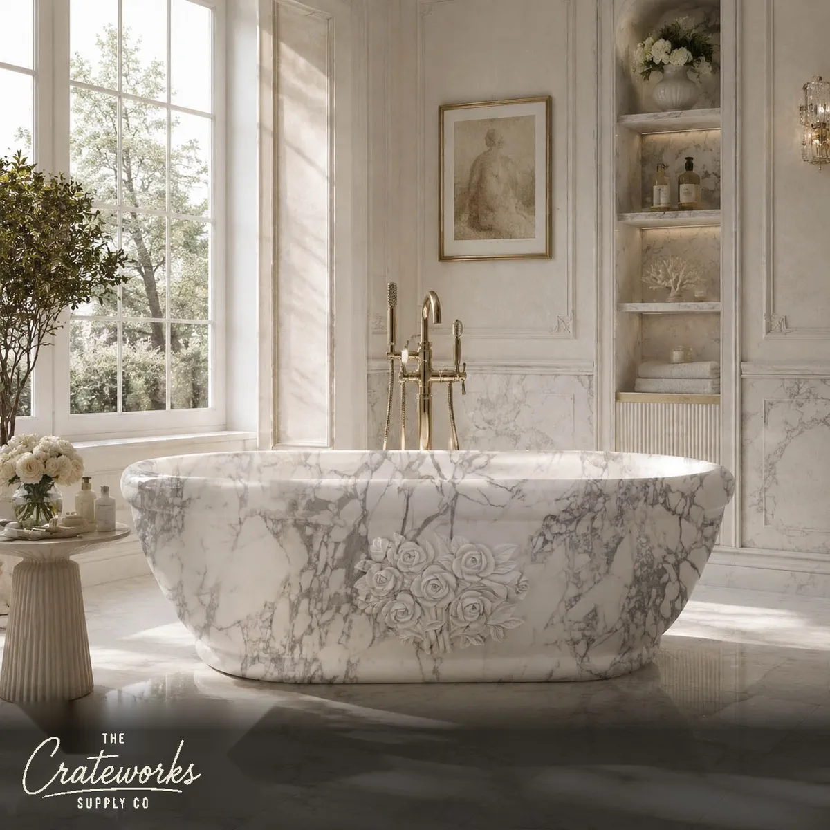 Calacatta Bathtub with Hand-Carved Rose Detailing