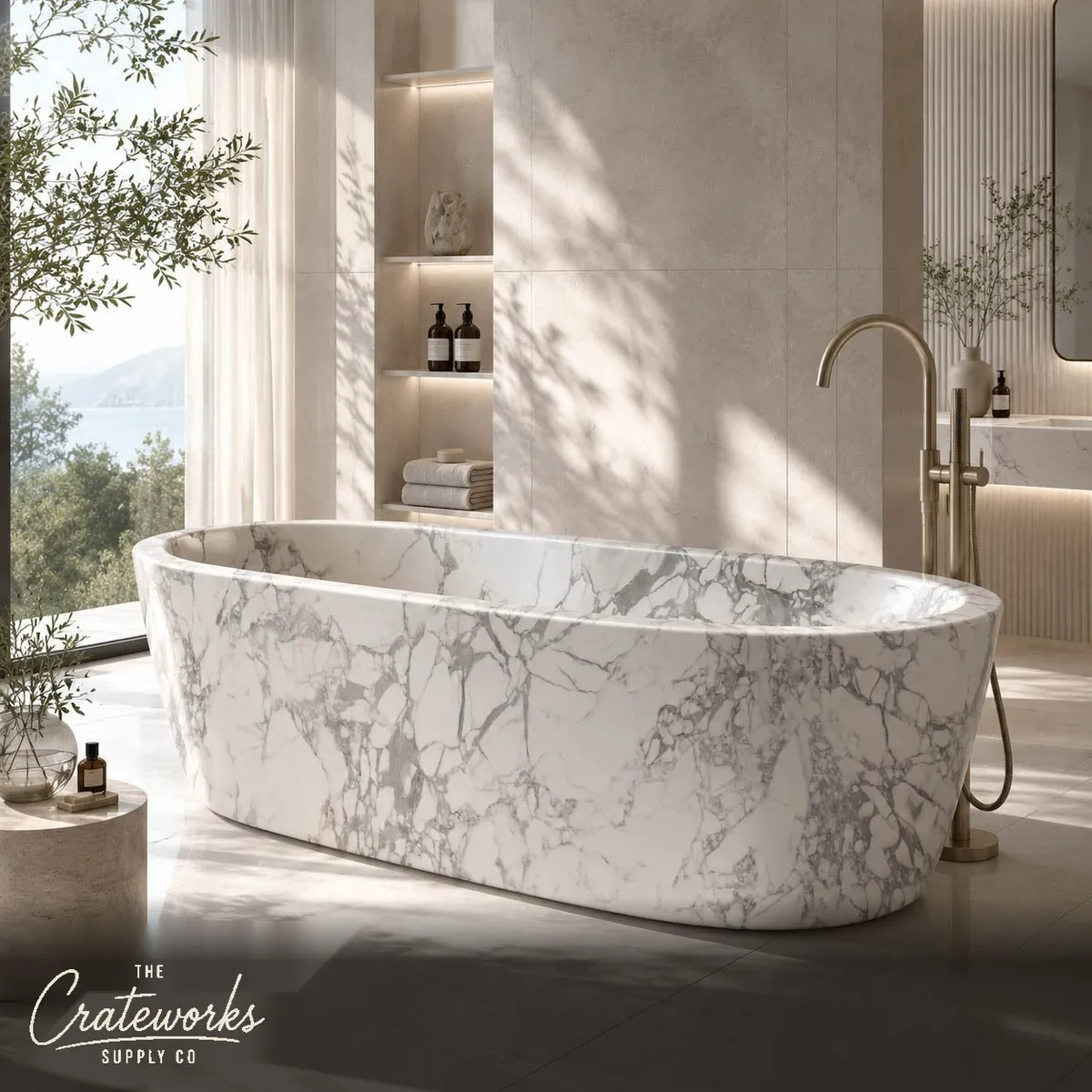 Freestanding marble tub in Polished Calacatta White Marble