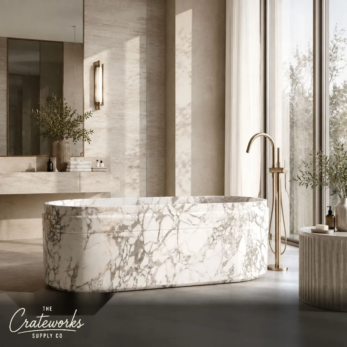 Marble bath in Hand-Carved Calacatta White Marble
