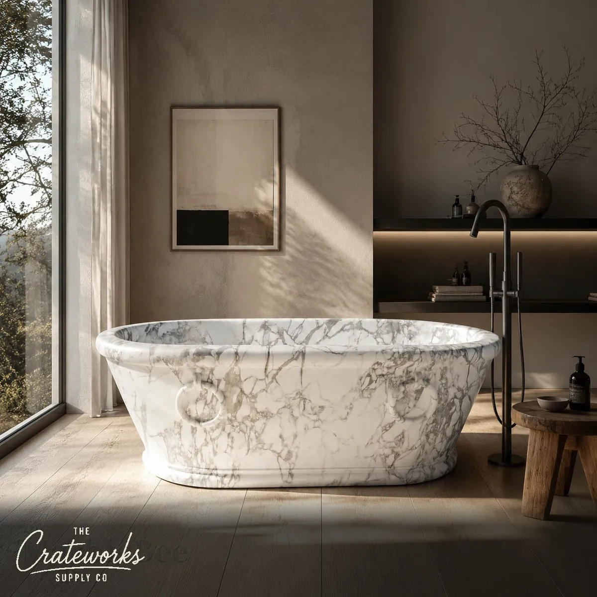 Marble tub hand-carved in Calacatta White Marble