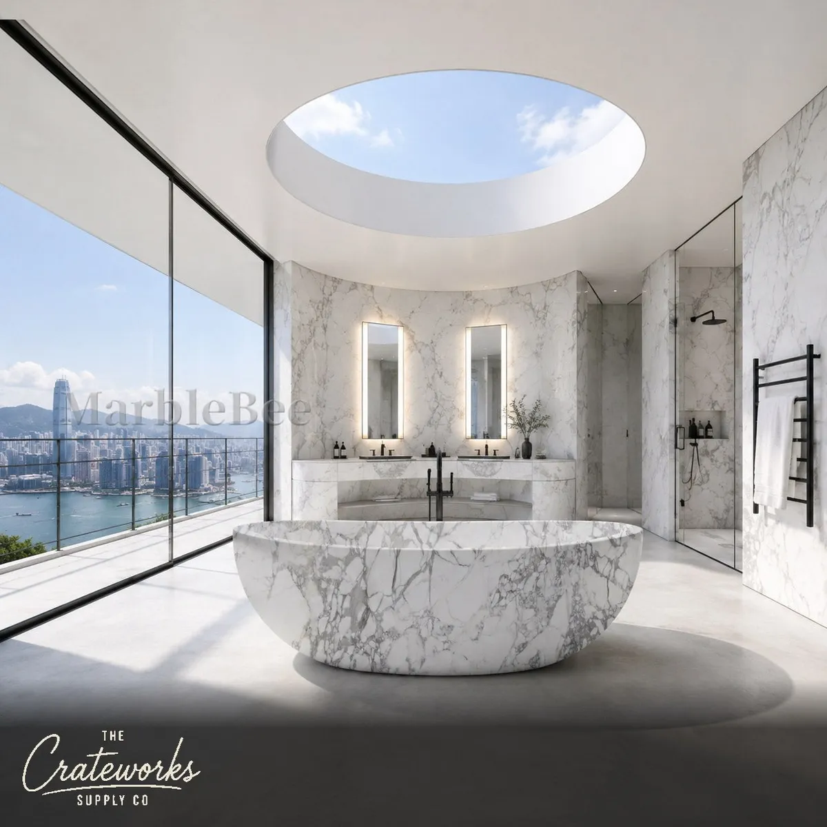 Natural stone bath in Sculptural Calacatta White Marble