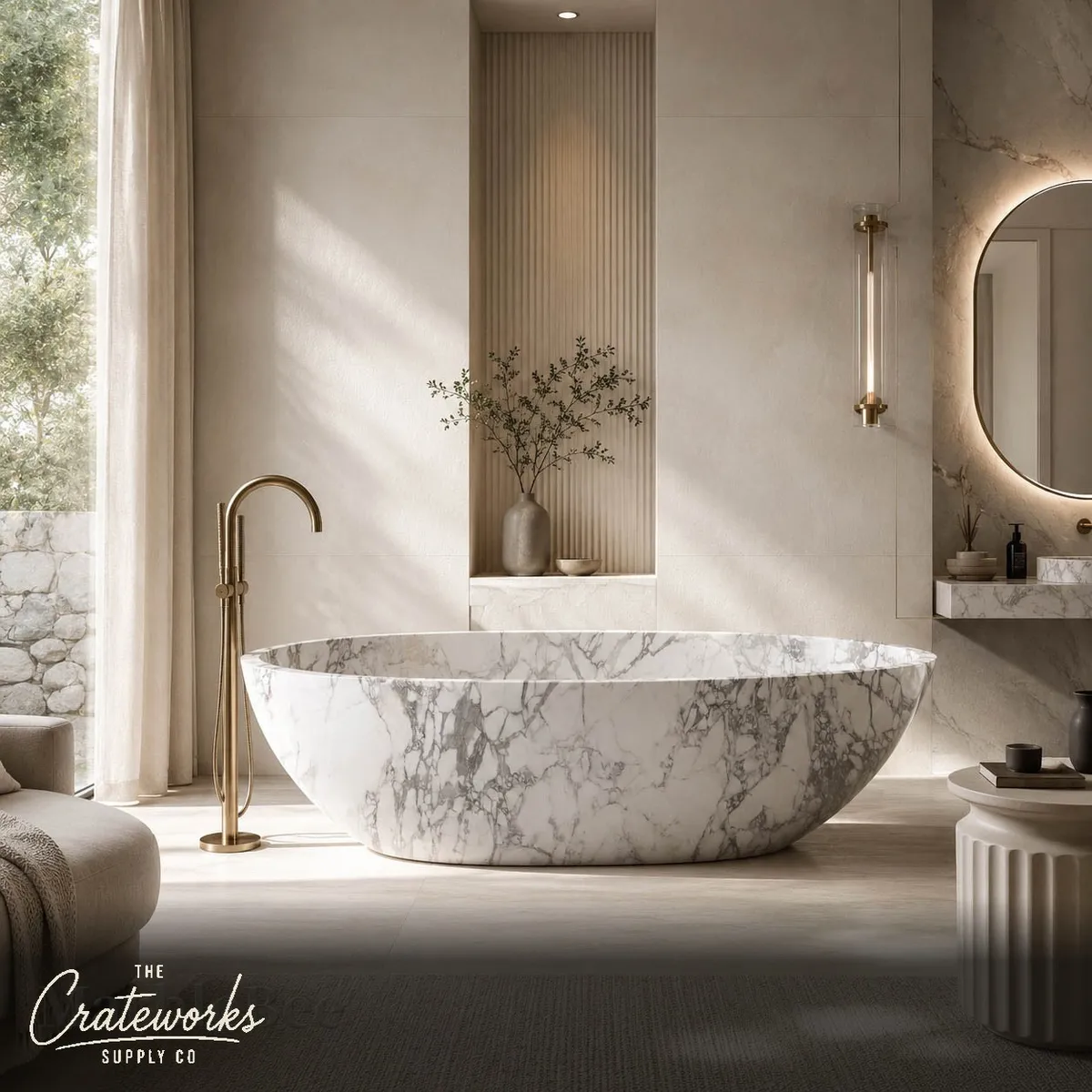 Natural stone bathtub carved in an elegant, modern silhouette, detail 1