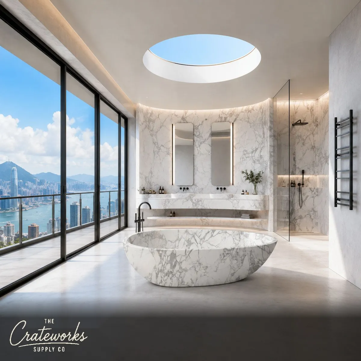 Natural stone bathtub carved in an elegant, modern silhouette