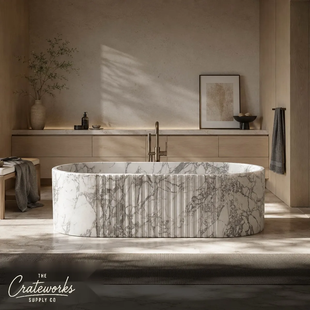 Stone bathtub in Calacatta White Marble with Fluted Detail