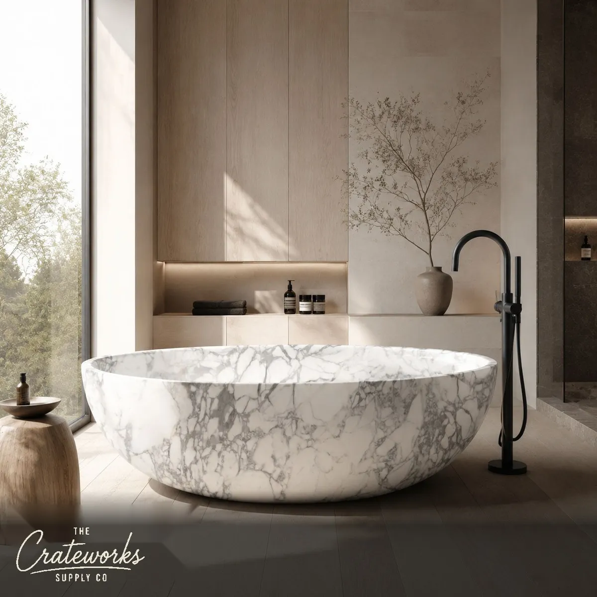 Stone freestanding tub in Calacatta White Marble
