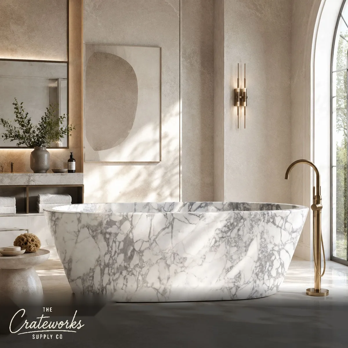 Stone freestanding tub in Polished Calacatta Marble