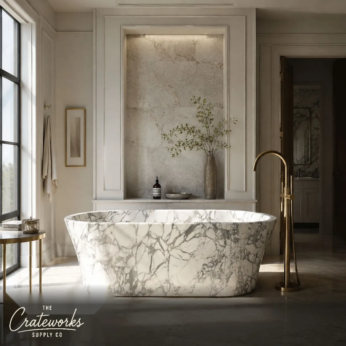 Stone freestanding tub in Veined Calacatta Marble