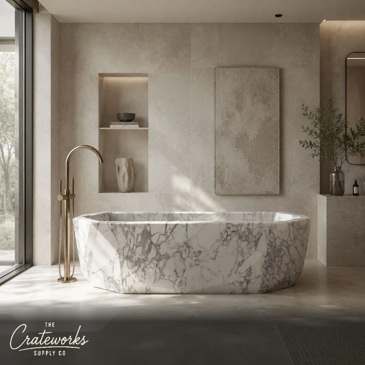 White marble bathtub with Faceted Exterior