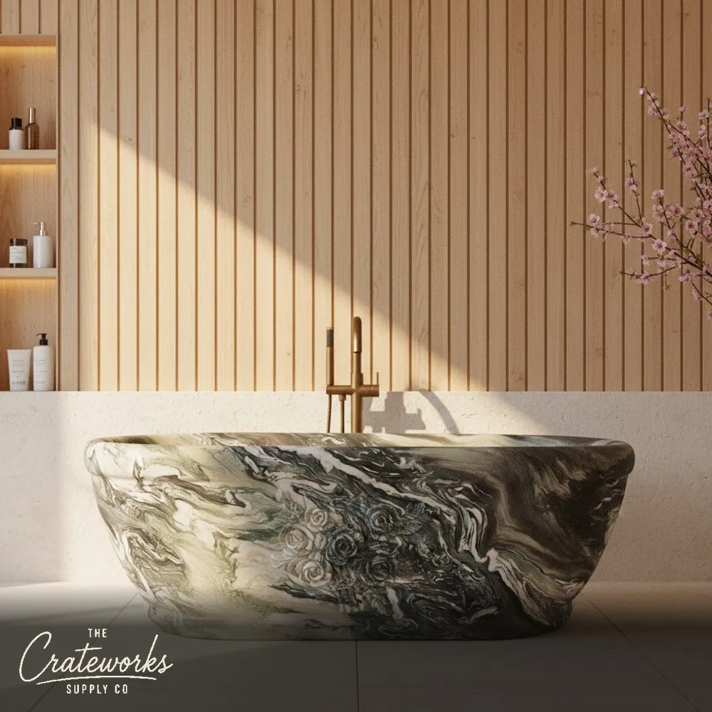 Artisanal Cipollino Ondulato Marble Bathtub with Carved Floral Relief