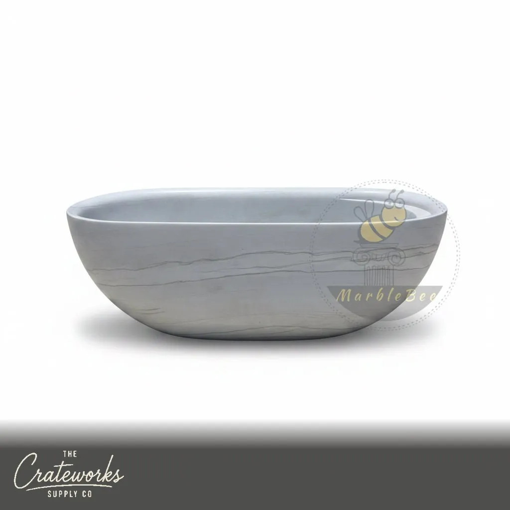 Marble bathtub — Oval freestanding design — 65 Inch Length — Cloudline White marble, detail 1