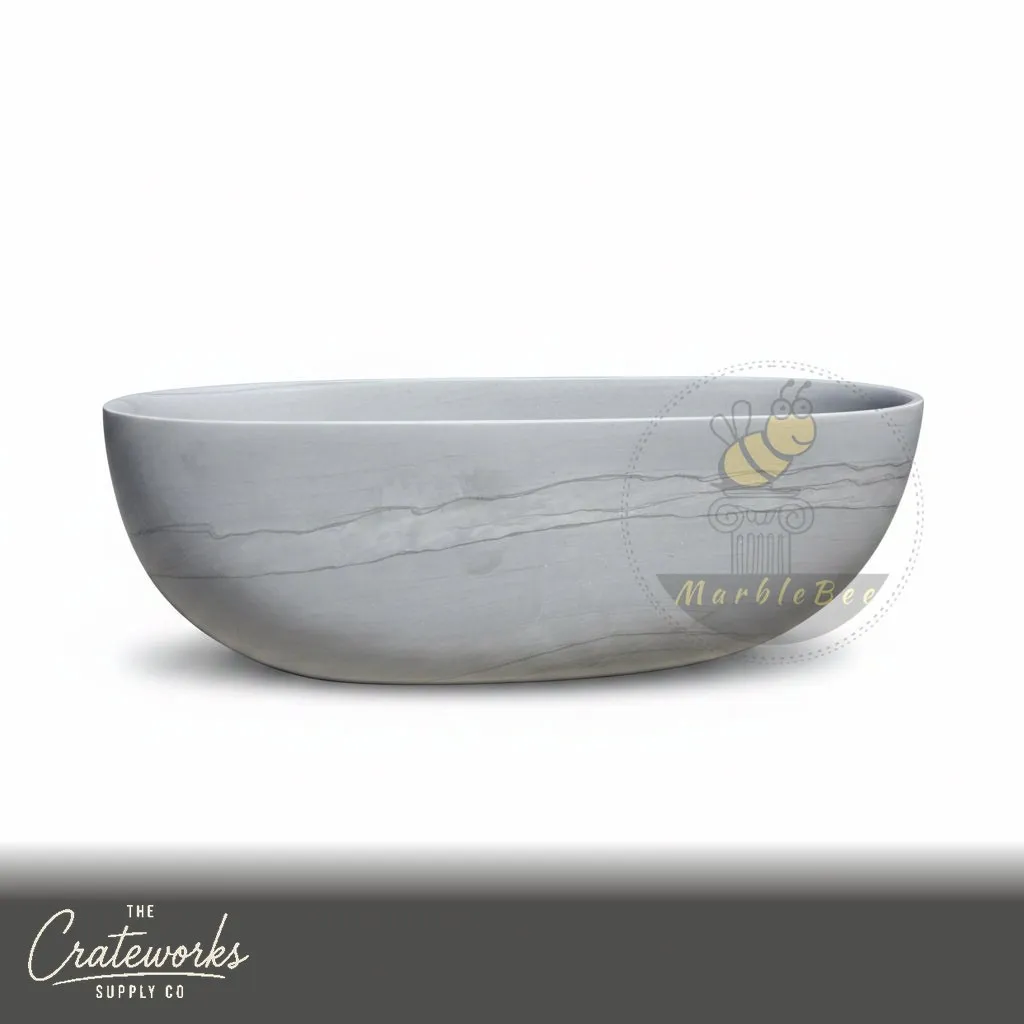 Marble bathtub — Oval freestanding design — 65 Inch Length — Cloudline White marble, detail 2