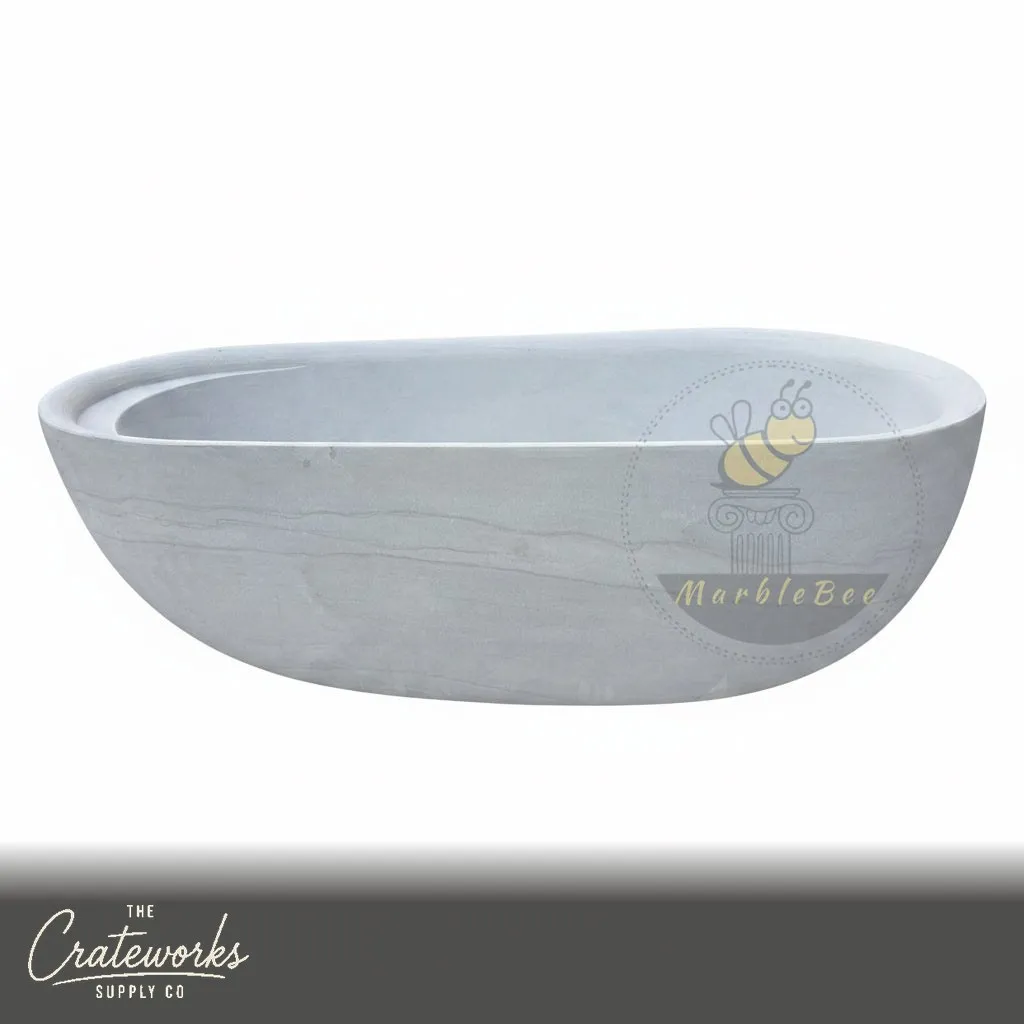 Marble bathtub — Oval freestanding design — 65 Inch Length — Cloudline White marble, detail 3