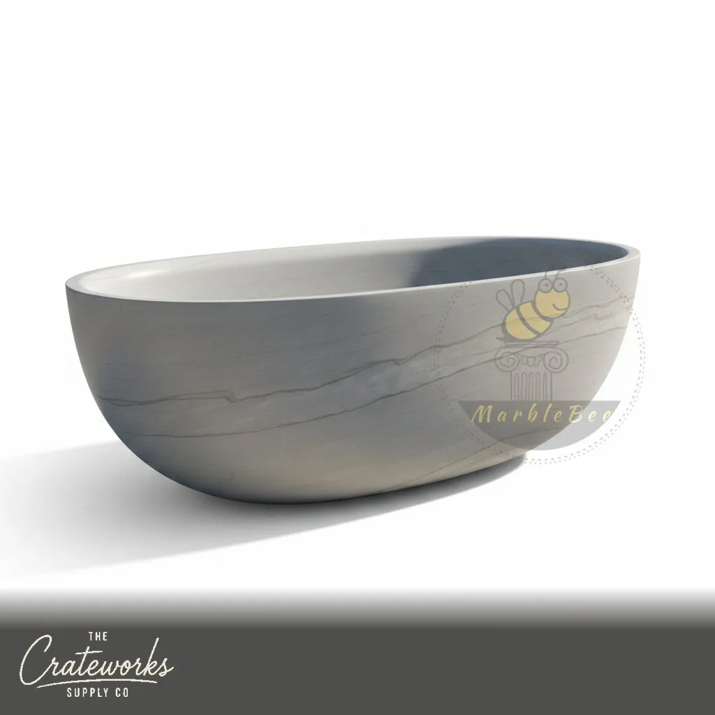 Marble bathtub — Oval freestanding design — 65 Inch Length — Cloudline White marble, detail 4