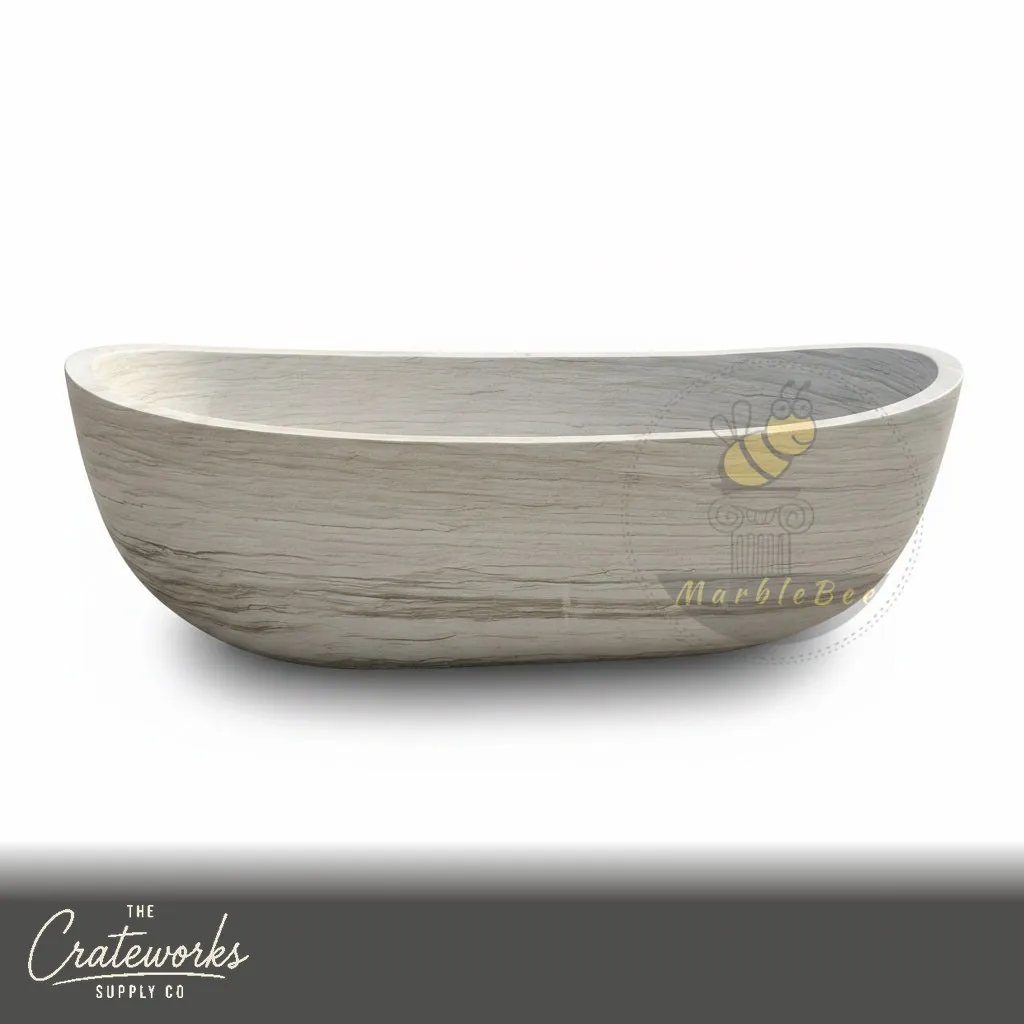 Marble tub — asymmetrical boat shape — 71" Length — Cloudline White marble, detail 1