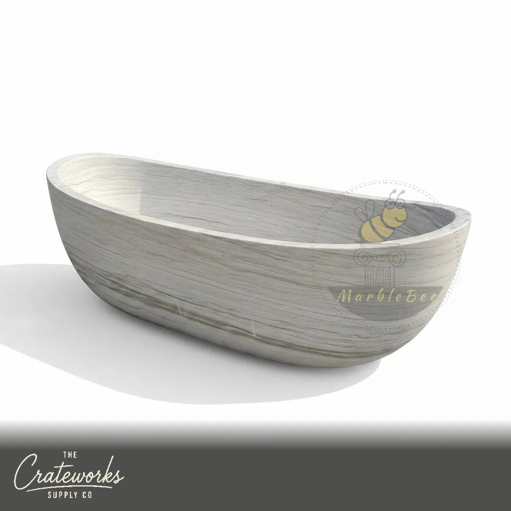 Marble tub — asymmetrical boat shape — 71" Length — Cloudline White marble, detail 2