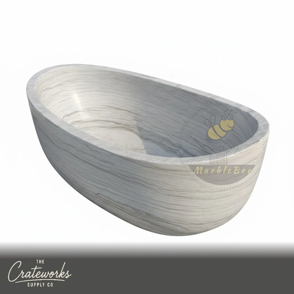 Marble tub — asymmetrical boat shape — 71" Length — Cloudline White marble, detail 3