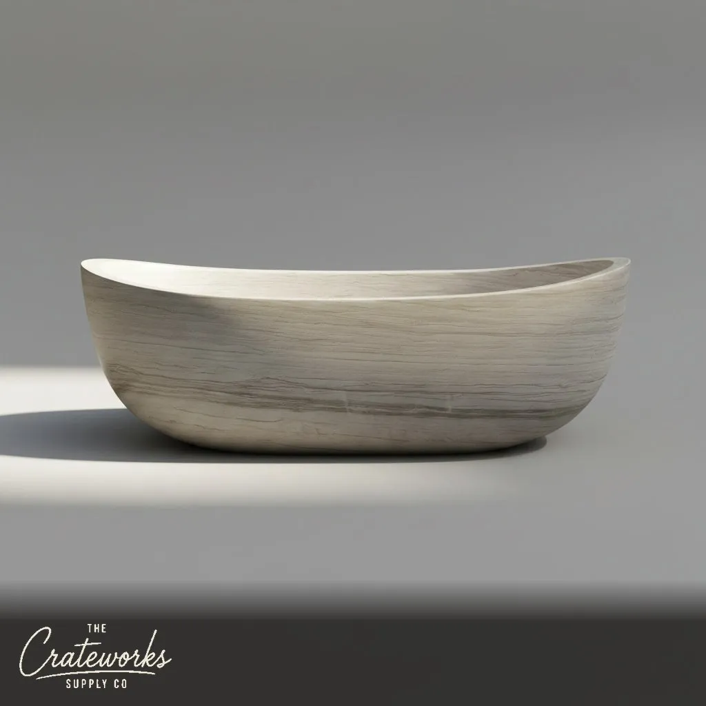 Marble tub — asymmetrical boat shape — 71" Length — Cloudline White marble