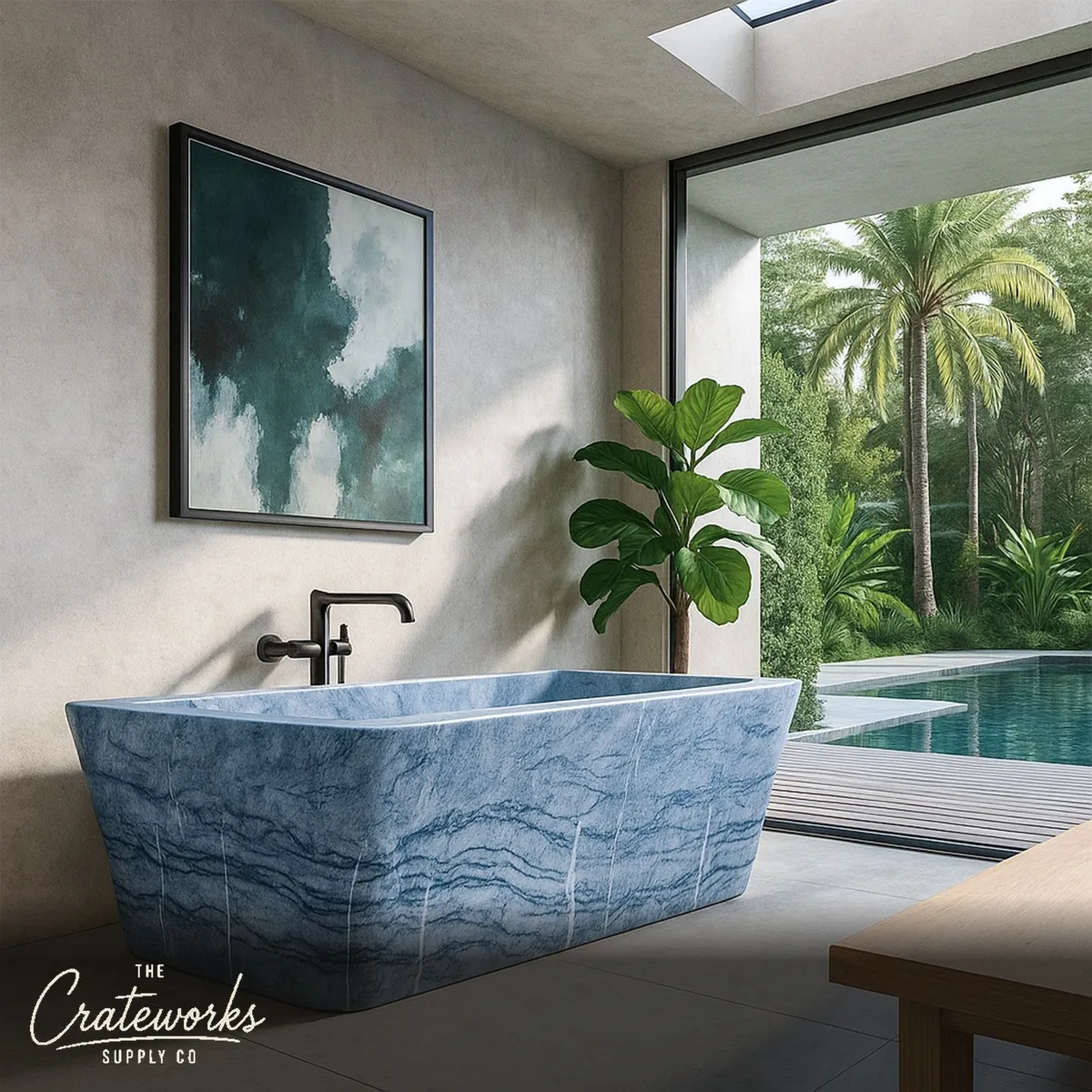 Square Stone Bathtub Made from Italian Platinum Blue Marble