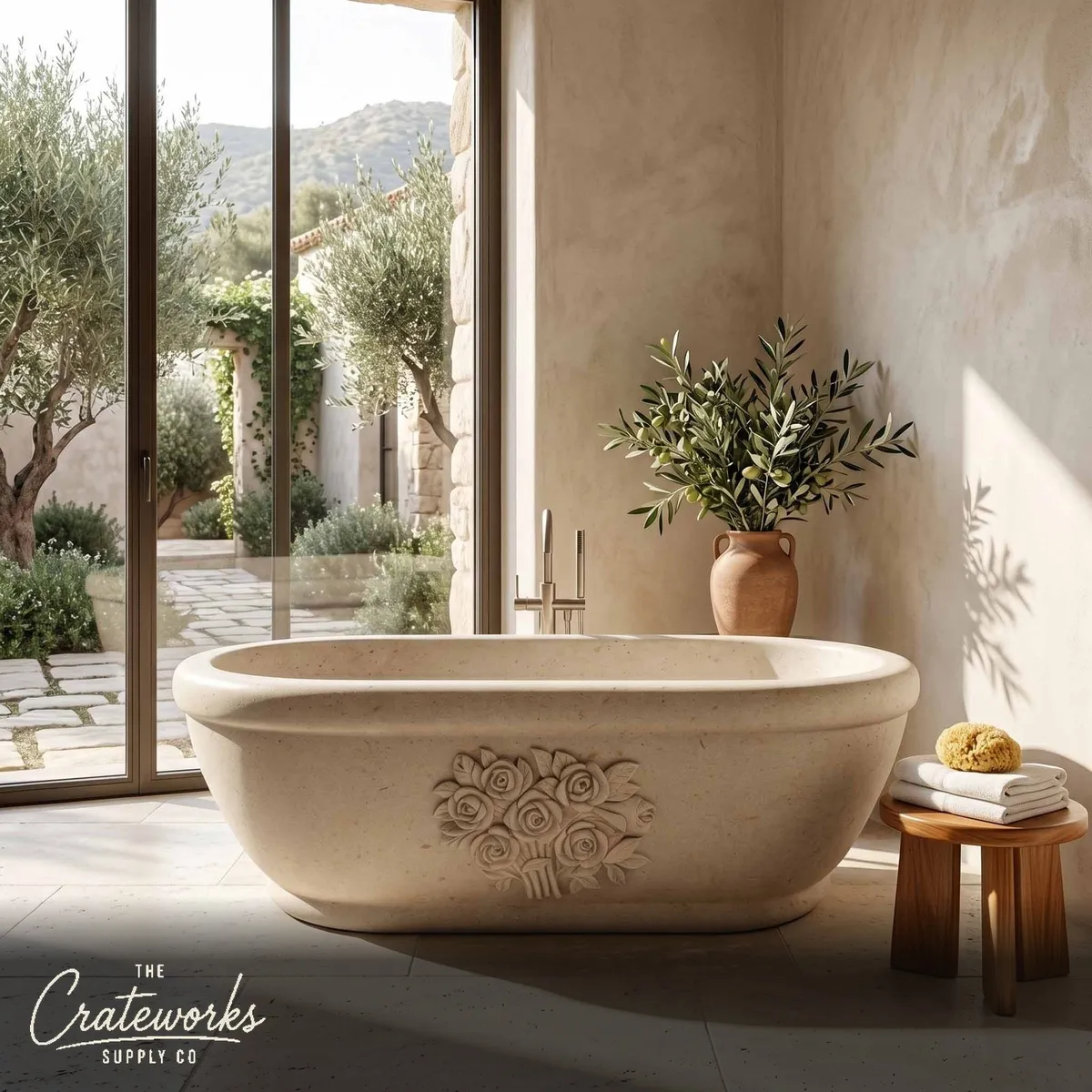 Marble bathtub — Classic Oval Roll-top — 71" Length — Massangis Clair Limestone
