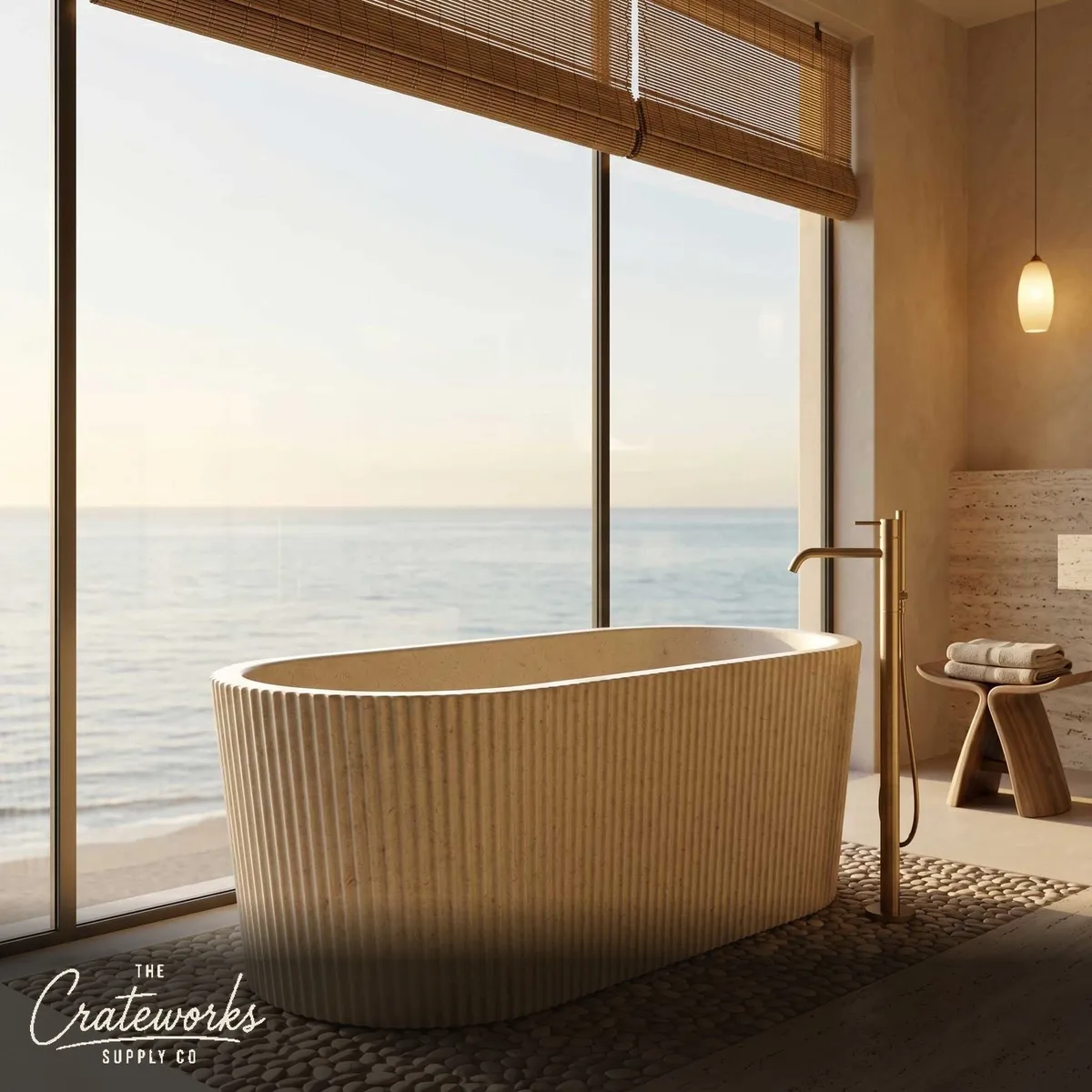Marble bathtub — Fluted oval design — 71 Inch Length — Massangis Clair Limestone
