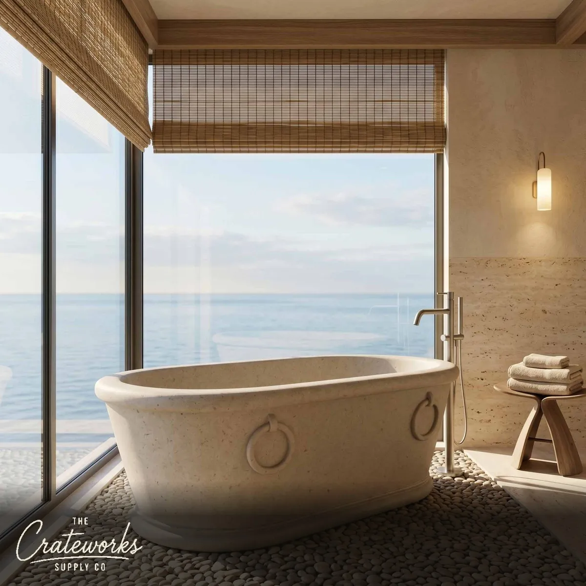 Marble bathtub — Oval Ring Handles — 71 Inch — Massangis Clair Limestone