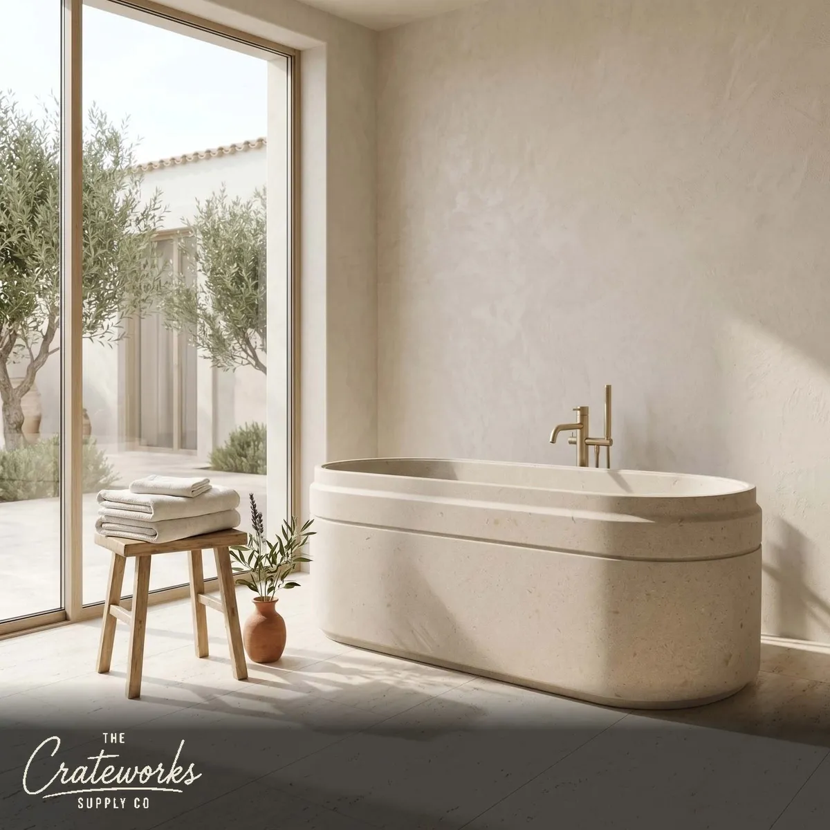 Marble bathtub — Oval grooved design — 70.87 Inch Length — Massangis Clair Limestone