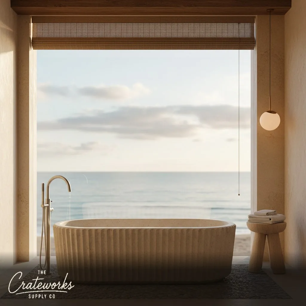Marble bathtub — fluted oval design — 70.87" Length — Massangis Clair Limestone