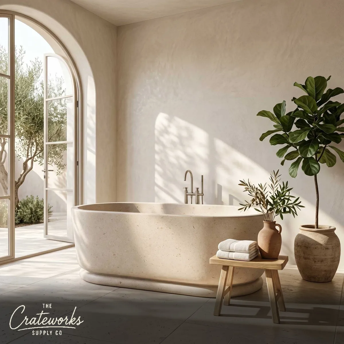 Marble bathtub — oval pedestal base — 71" Length — Massangis Clair Limestone
