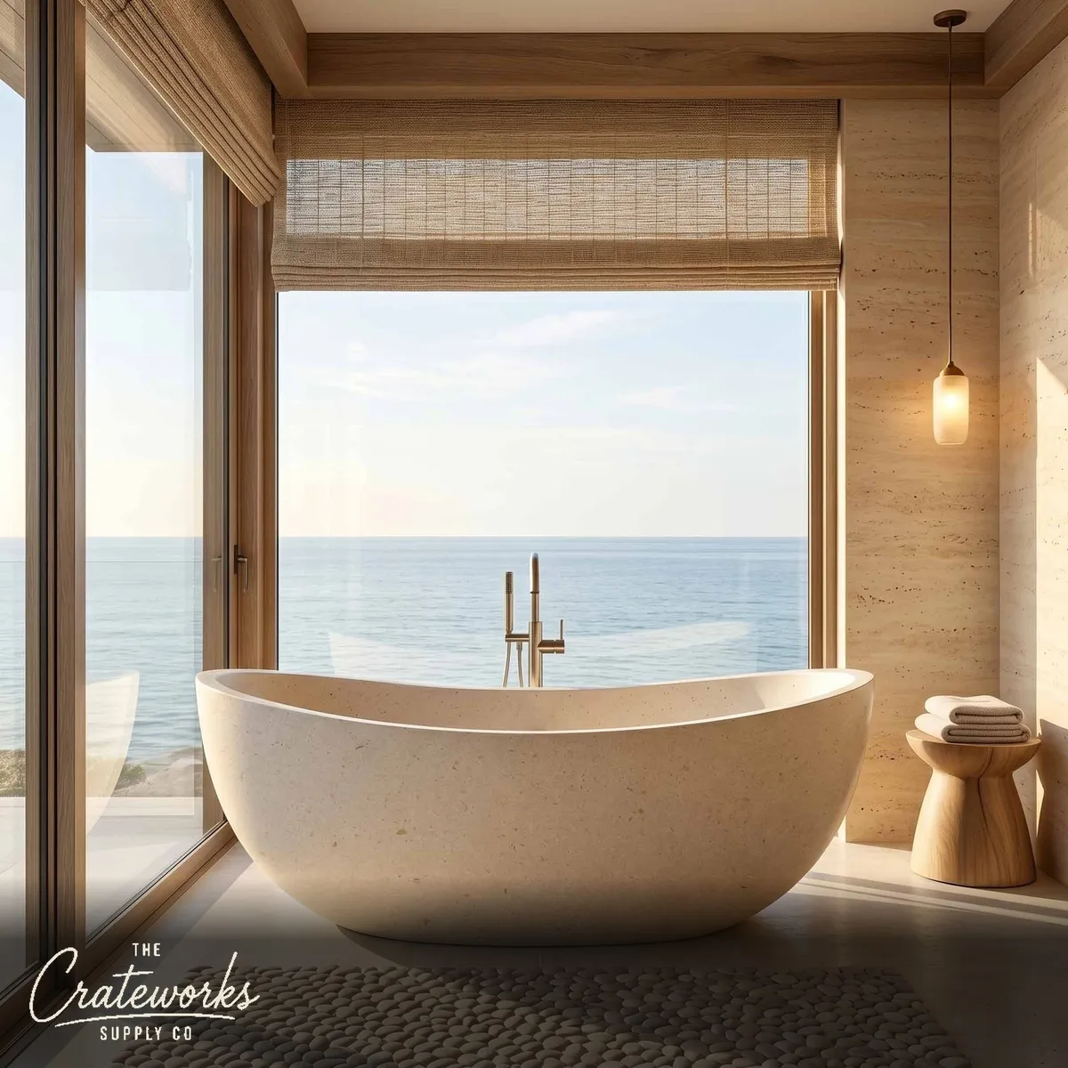 Stone bathtub — Curved sloping rim — 71" Length — Massangis Clair Limestone