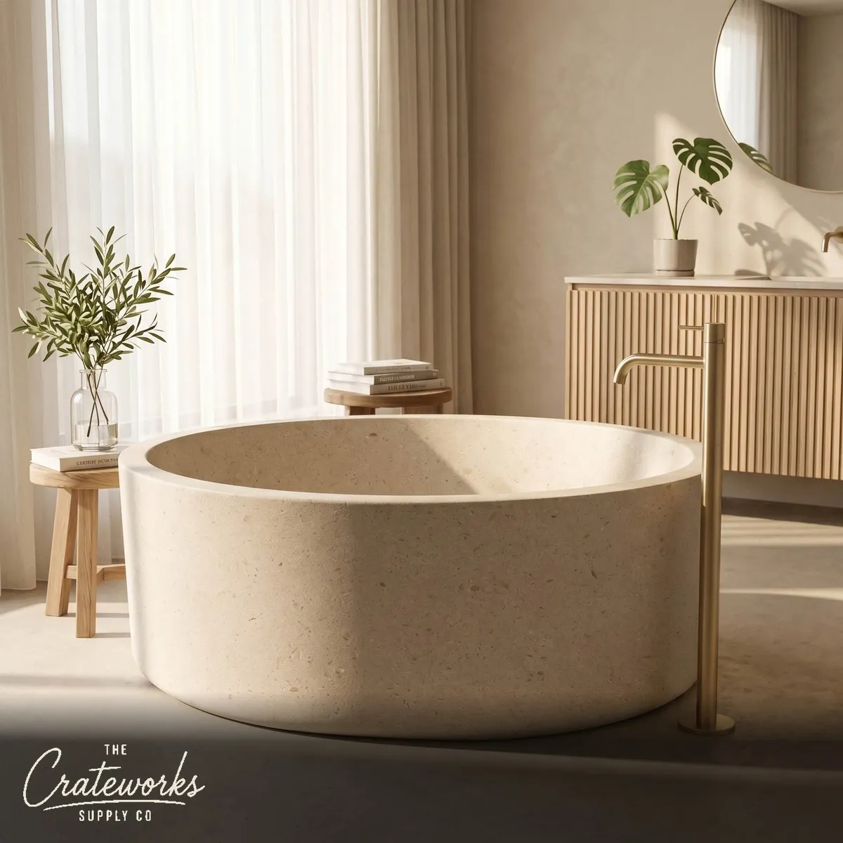 Stone bathtub — Oval freestanding design — 65 Inch Length — Massangis Clair Limestone