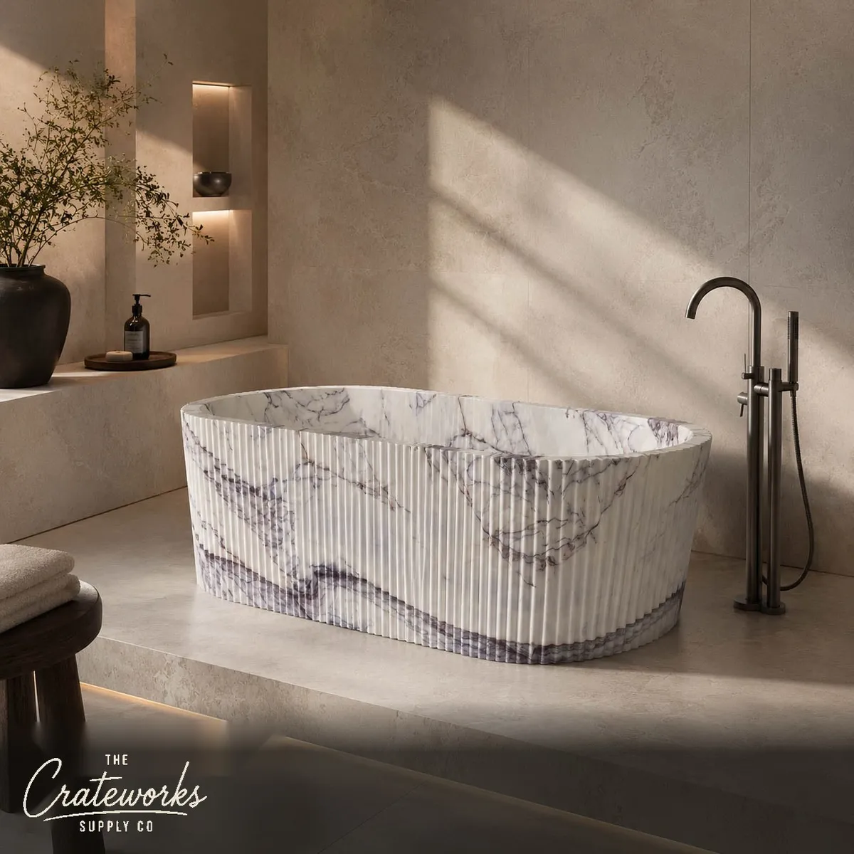 Marble Bathtub with Fluted Exterior in Milas Lilac
