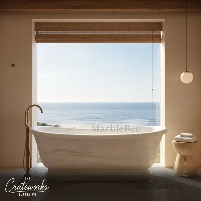 Elegant Freestanding White Marble Bathtub — Polished Finish