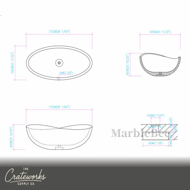 Luxurious Oval Moon White Marble Bathtub, detail 3