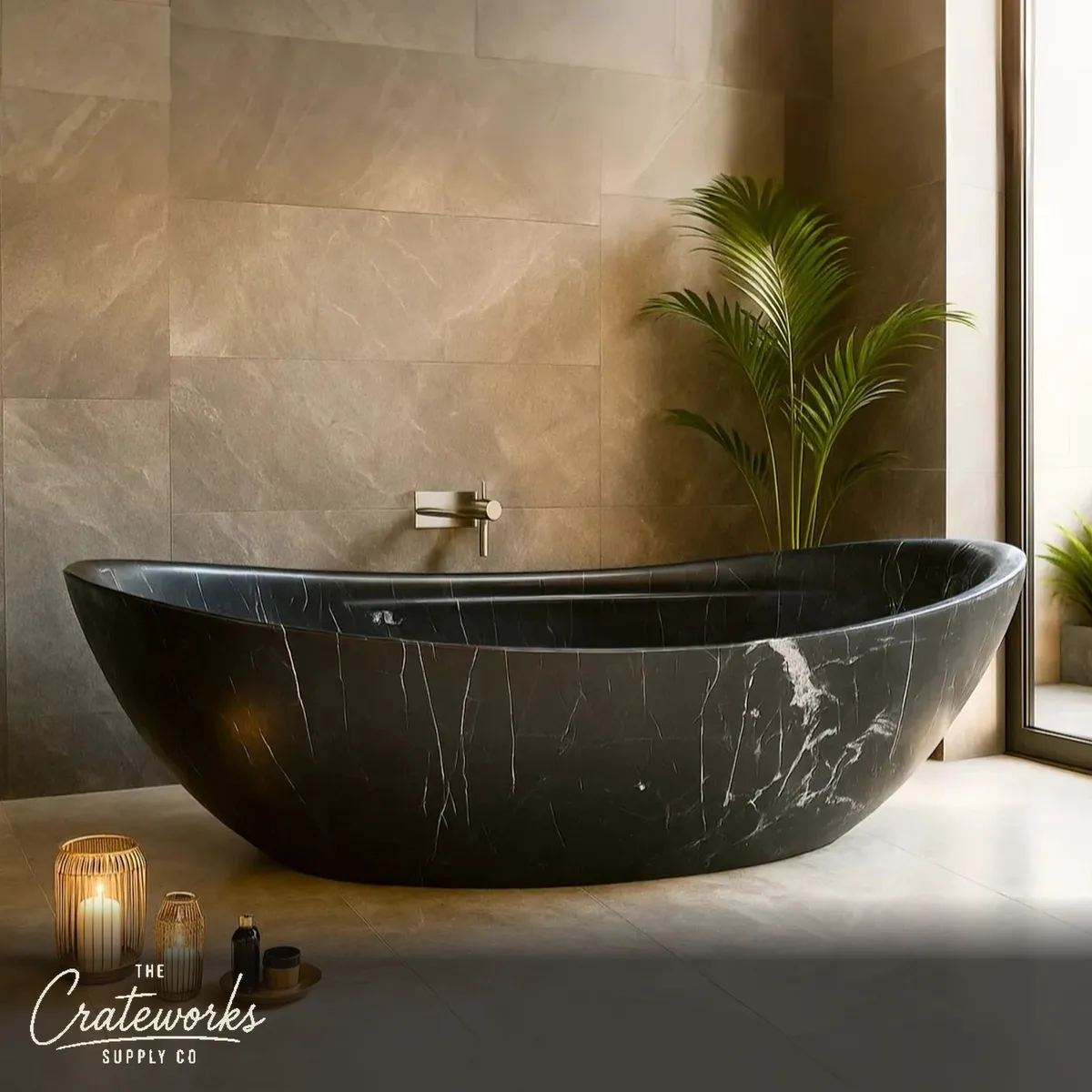 Black Stone Bathtub Crafted from Nero Marquina Marble