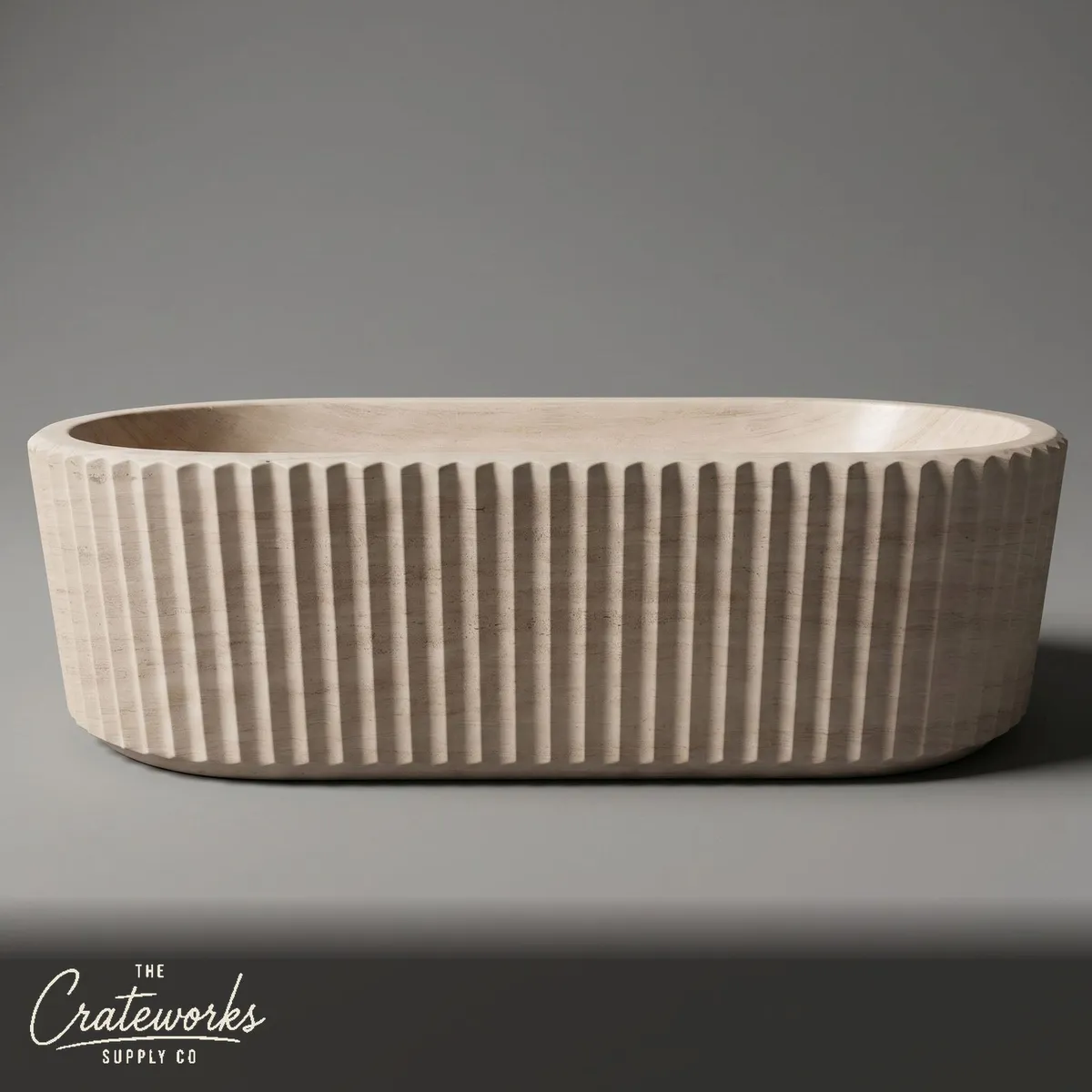 Marble bathtub — Fluted oval freestanding — 70.87 Inch Length — Pearl Linen limestone