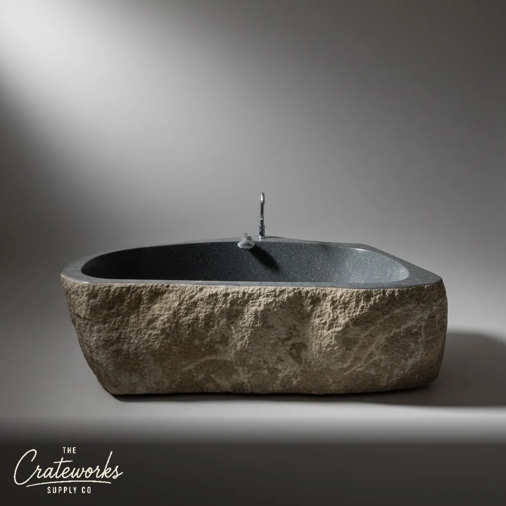 Marble tub — Rough boulder exterior — 82.677 Inch Length — Riverstone