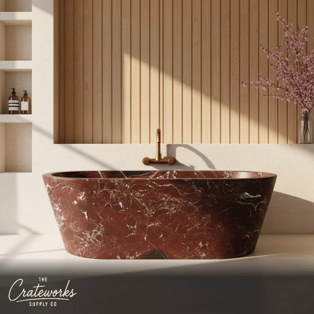 Rosso Lepanto Freestanding Marble Bathtub — Luxury Polished Stone