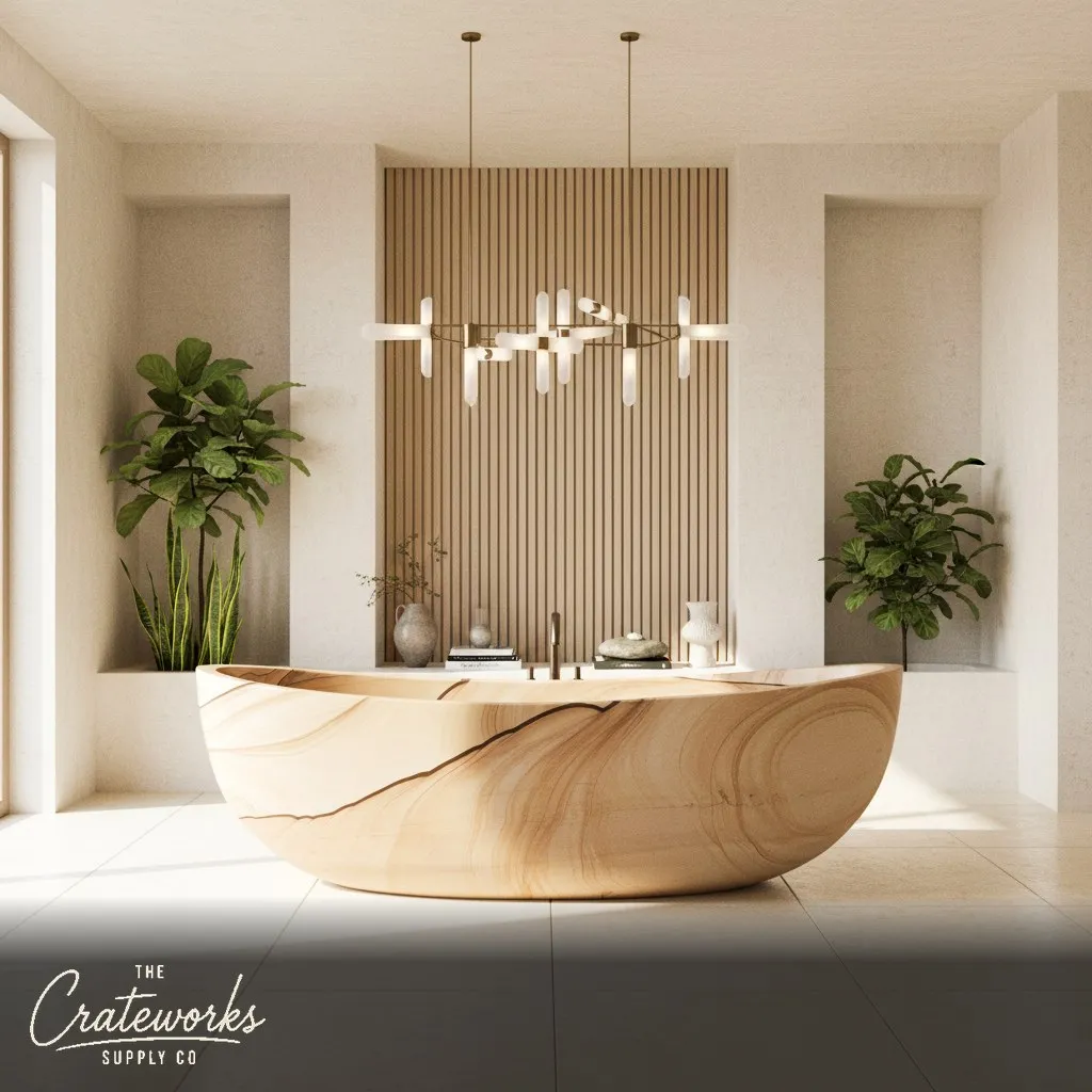 Sandstone Bathtub — Wavy Desert Tone Oval Trough 70.87" Long