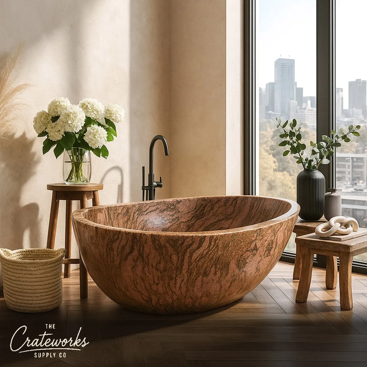 Hand-Carved Marble Bathtub in Tiger Red Marble