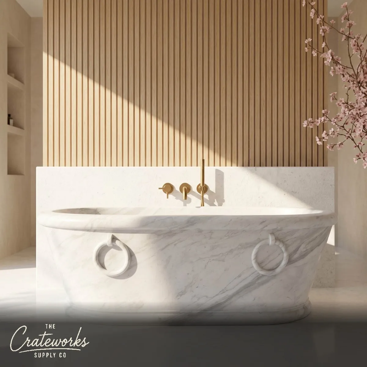 Marble bathtub — Carved ring handles — 70.87" Length — Volakas Marble